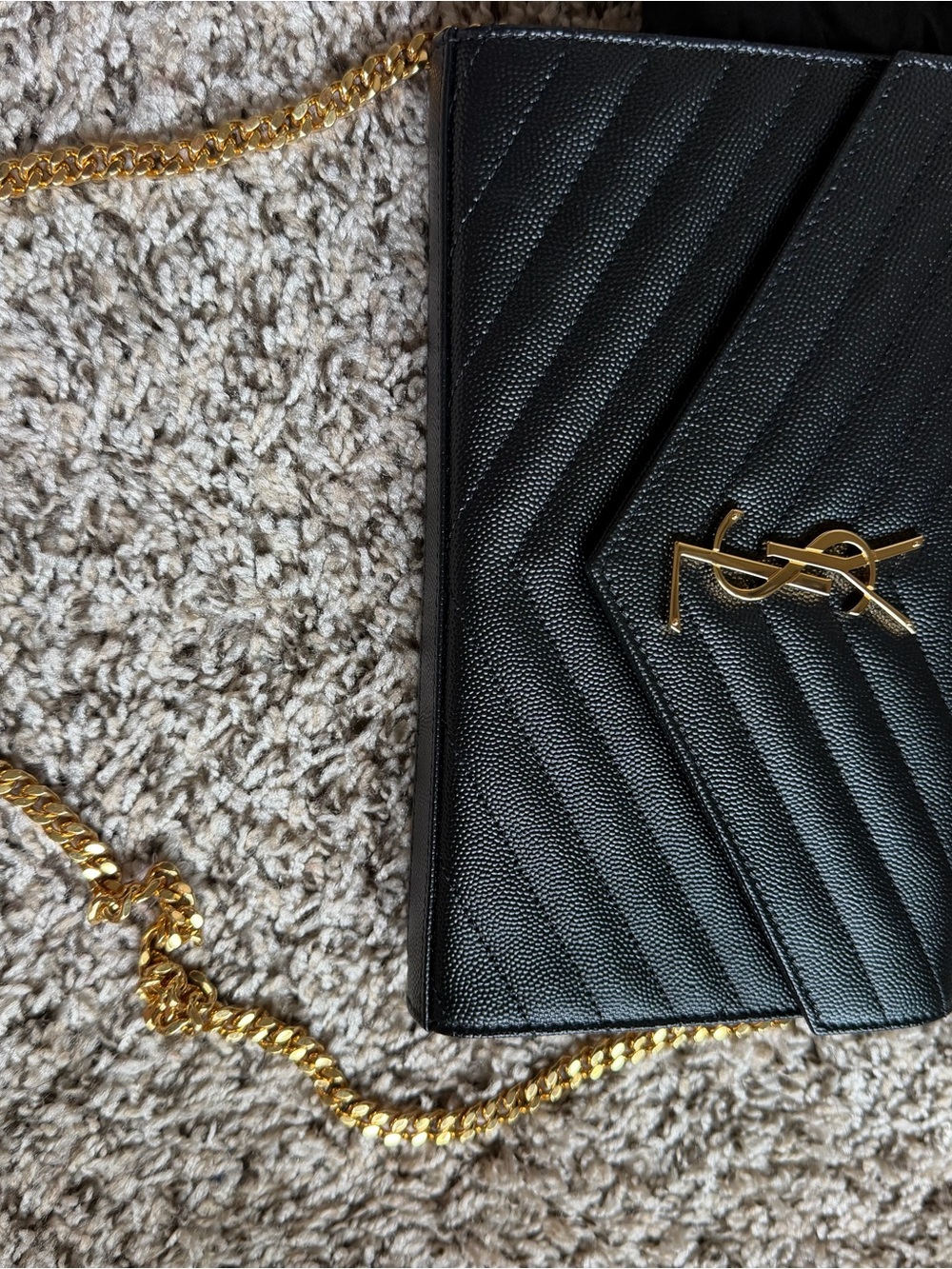 Saint Laurent Black Quilted Chevron Leather Crossbody with Gold Hardware